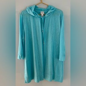 Weekends by Chicos 3/4 Length Sleeve Lightwieght Hooded Jacket Size 3 Blue EUC